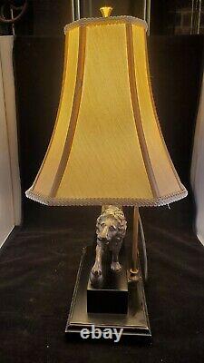 Vintage Pair Figural Bronze Metal Lion Lamp Shade Pedestal Table Lamps Lions