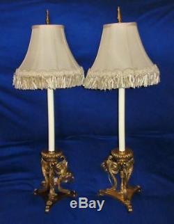 Vintage Pair Frederick Cooper Brass Table Lamps Bird of Paradise Fringe Shades
