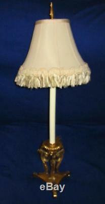 Vintage Pair Frederick Cooper Brass Table Lamps Bird of Paradise Fringe Shades