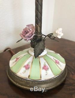 Vintage Pair French Boudoir Lamps Porcelain Roses Flowers Leaves Gilt and Shades