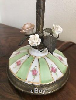 Vintage Pair French Boudoir Lamps Porcelain Roses Flowers Leaves Gilt and Shades