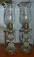 Vintage Pair Glass Boudoir Table Lamps With Etched Glass Hurricane Shades