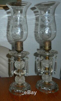 Vintage Pair Glass Boudoir Table Lamps with Etched Glass Hurricane Shades