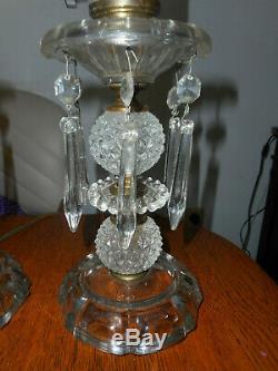 Vintage Pair Glass Boudoir Table Lamps with Etched Glass Hurricane Shades