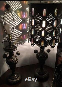 Vintage Pair Hollywood Regency Prism, Metal Lamps with Original Shades