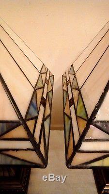 Vintage Pair Iridescent Mission Stained Glass Shades Detailed Metal Bases Lamps