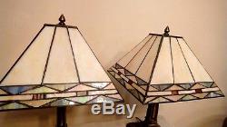 Vintage Pair Iridescent Mission Stained Glass Shades Detailed Metal Bases Lamps