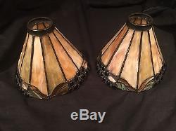 Vintage Pair Leaded Glass Shades, Slag, Stained Glass, Arts Crafts, Handel Lamp Era