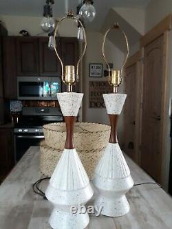 Vintage Pair Mid Century MCM ceramic Teak Table Lamps (No Shades)