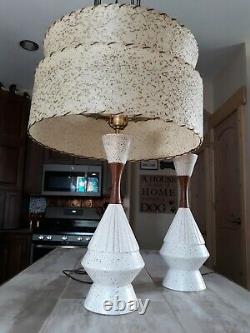 Vintage Pair Mid Century MCM ceramic Teak Table Lamps (No Shades)