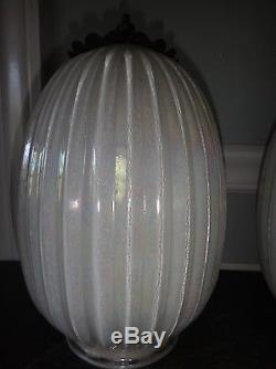 Vintage Pair Mid Century White Iridescent Glass Hanging Pendant Lamp Shades