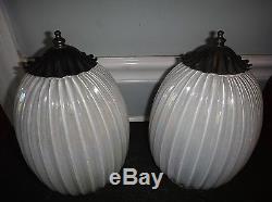 Vintage Pair Mid Century White Iridescent Glass Hanging Pendant Lamp Shades