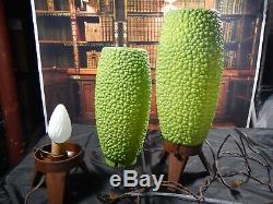Vintage Pair Of Mid Century Modern Beehive Bubble Shade Lamps Avocado Green