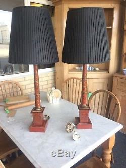 Vintage Pair Of Red & Gold Floral Table Lamps With Black Pleated Shades