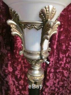 Vintage Pair Ornate Torchiere Lamps Beautiful Electric Floor Lights Orig Shades