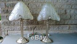 Vintage Pair Paris Star Art Deco Reproduction French Table Lamps Glass Shades