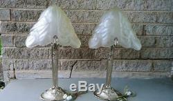 Vintage Pair Paris Star Art Deco Reproduction French Table Lamps Glass Shades