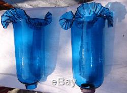 Vintage Pair Ruffled Blue Glass Hurricane Lamp Shades