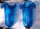 Vintage Pair Ruffled Blue Glass Hurricane Lamp Shades