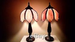 Vintage Pair Slag Stained Glass Tulip Shades / Leaf Imprint Matching Bases Lamps