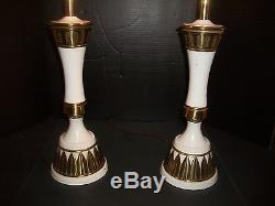 Vintage Pair Stiffel Brass & Porcelain Neoclassical Table Lamps w Shades