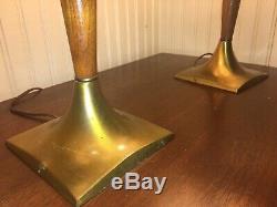 Vintage Pair Table Lamps Mid Century Danish Modern Teak Wood Brass Base W Shades