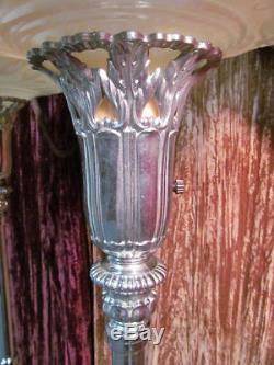 Vintage Pair Torchiere Lamps Ornate Floor Lights Beautiful Original Glass Shades