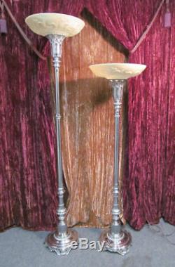 Vintage Pair Torchiere Lamps Ornate Floor Lights Beautiful Original Glass Shades