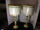 Vintage Pair Of French Country Wood Candlestick And Metal Tole Shade Lamps