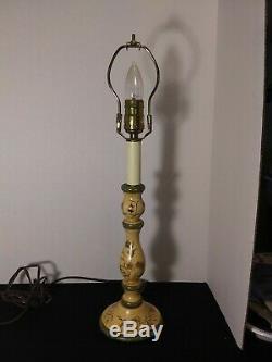 Vintage Pair of French Country Wood Candlestick and Metal Tole Shade Lamps