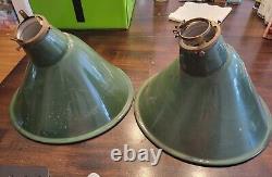 Vintage Pair of Green Enamel Porcelain Angled Light Fixture Shade Farm Barn Gas