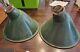 Vintage Pair Of Green Enamel Porcelain Angled Light Fixture Shade Farm Barn Gas