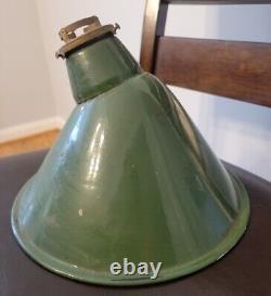 Vintage Pair of Green Enamel Porcelain Angled Light Fixture Shade Farm Barn Gas