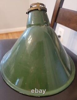 Vintage Pair of Green Enamel Porcelain Angled Light Fixture Shade Farm Barn Gas