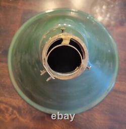 Vintage Pair of Green Enamel Porcelain Angled Light Fixture Shade Farm Barn Gas