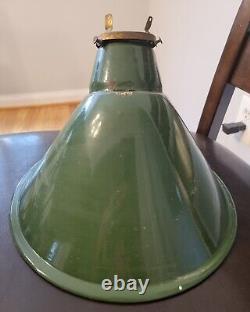 Vintage Pair of Green Enamel Porcelain Angled Light Fixture Shade Farm Barn Gas