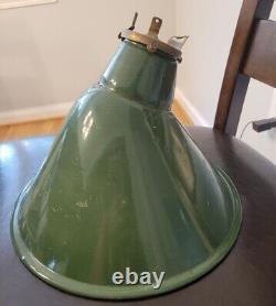 Vintage Pair of Green Enamel Porcelain Angled Light Fixture Shade Farm Barn Gas