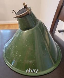 Vintage Pair of Green Enamel Porcelain Angled Light Fixture Shade Farm Barn Gas