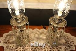 Vintage Pair of Luster Table Lamps, 5 Crystals, Crystal Etched Hurricane Shades