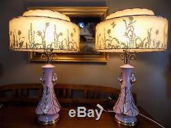 Vintage Pair of Table Lamps Pink & Gold Original Fiberglass Shades Excellent