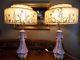 Vintage Pair Of Table Lamps Pink & Gold Original Fiberglass Shades Excellent