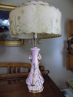 Vintage Pair of Table Lamps Pink & Gold Original Fiberglass Shades Excellent