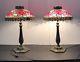 Vintage Pairtable Lamps Glass Poinsetta Shade/metal Trim-brass Bass-excellent