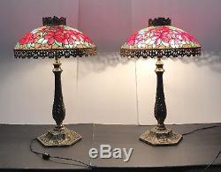 Vintage PairTable Lamps Glass Poinsetta Shade/Metal Trim-Brass Bass-Excellent