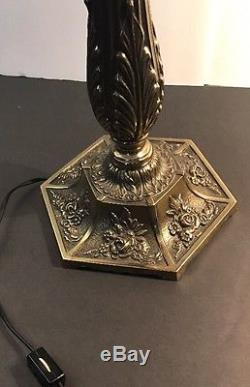 Vintage PairTable Lamps Glass Poinsetta Shade/Metal Trim-Brass Bass-Excellent