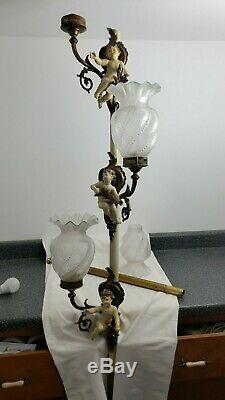 Vintage Parisian French Rococo Tension Pole Lamp Cherubs & Vianne Glass Shades