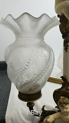 Vintage Parisian French Rococo Tension Pole Lamp Cherubs & Vianne Glass Shades