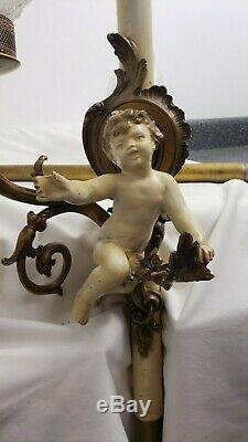 Vintage Parisian French Rococo Tension Pole Lamp Cherubs & Vianne Glass Shades