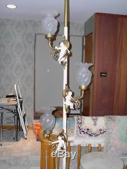 Vintage Parisian French Rococo Tension Pole Lamp Cherubs & Vianne Glass Shades