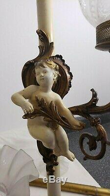 Vintage Parisian French Rococo Tension Pole Lamp Cherubs & Vianne Glass Shades